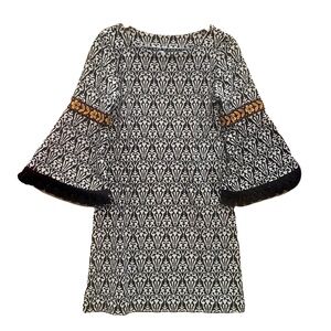 Uncle Frank Dress Women's Medium Flare Bell Embroidered Fringe Sleeve Geometric